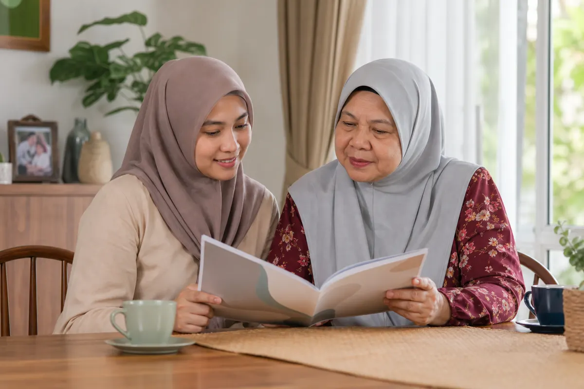 Sebuah keluarga Melayu meneliti panduan penjagaan yang praktikal.