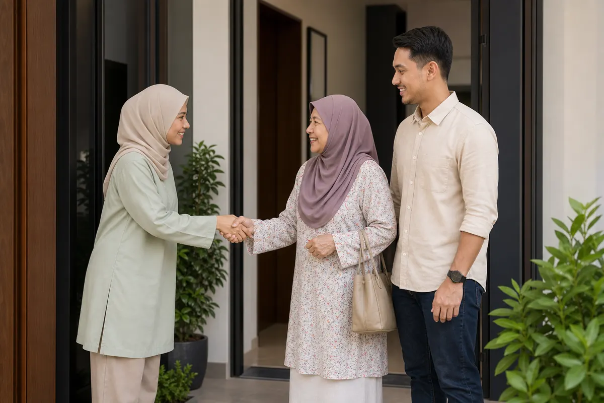 Seorang penjaga menyambut keluarga Melayu di kediaman mereka.