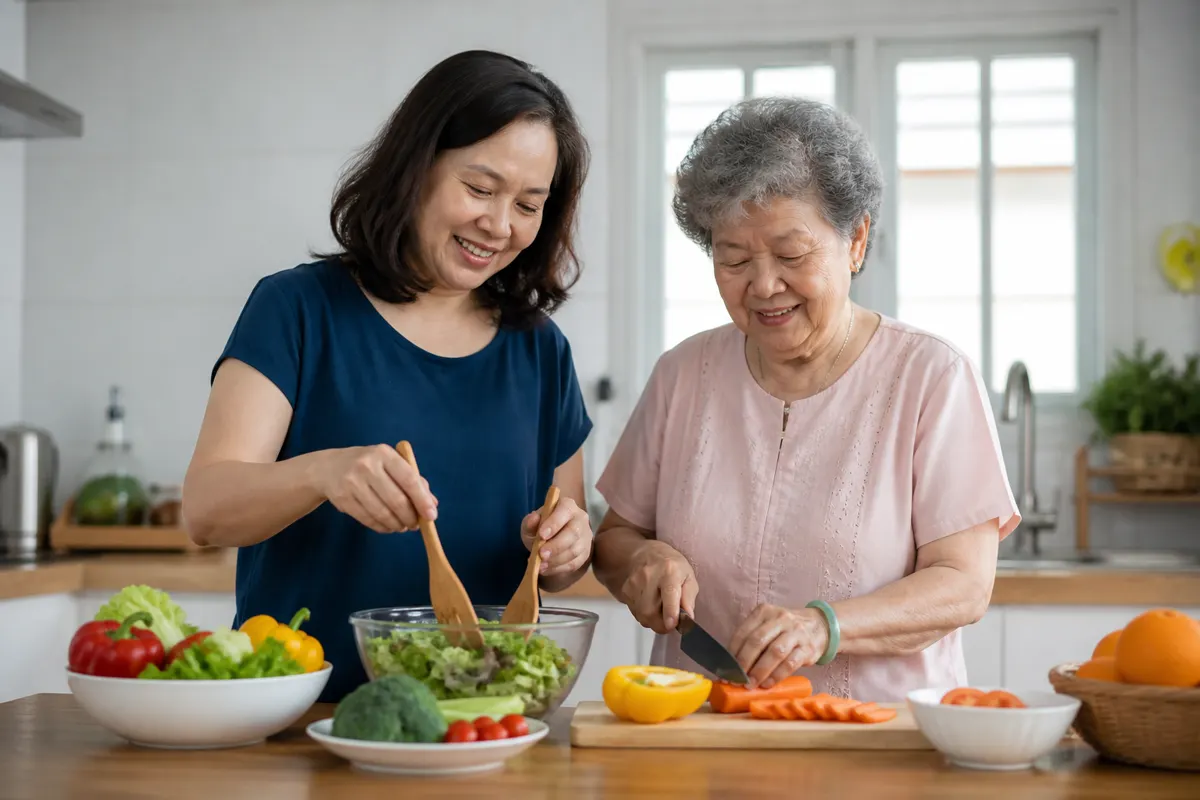 An older Chinese Malaysian woman preparing a meal with a caregiver.