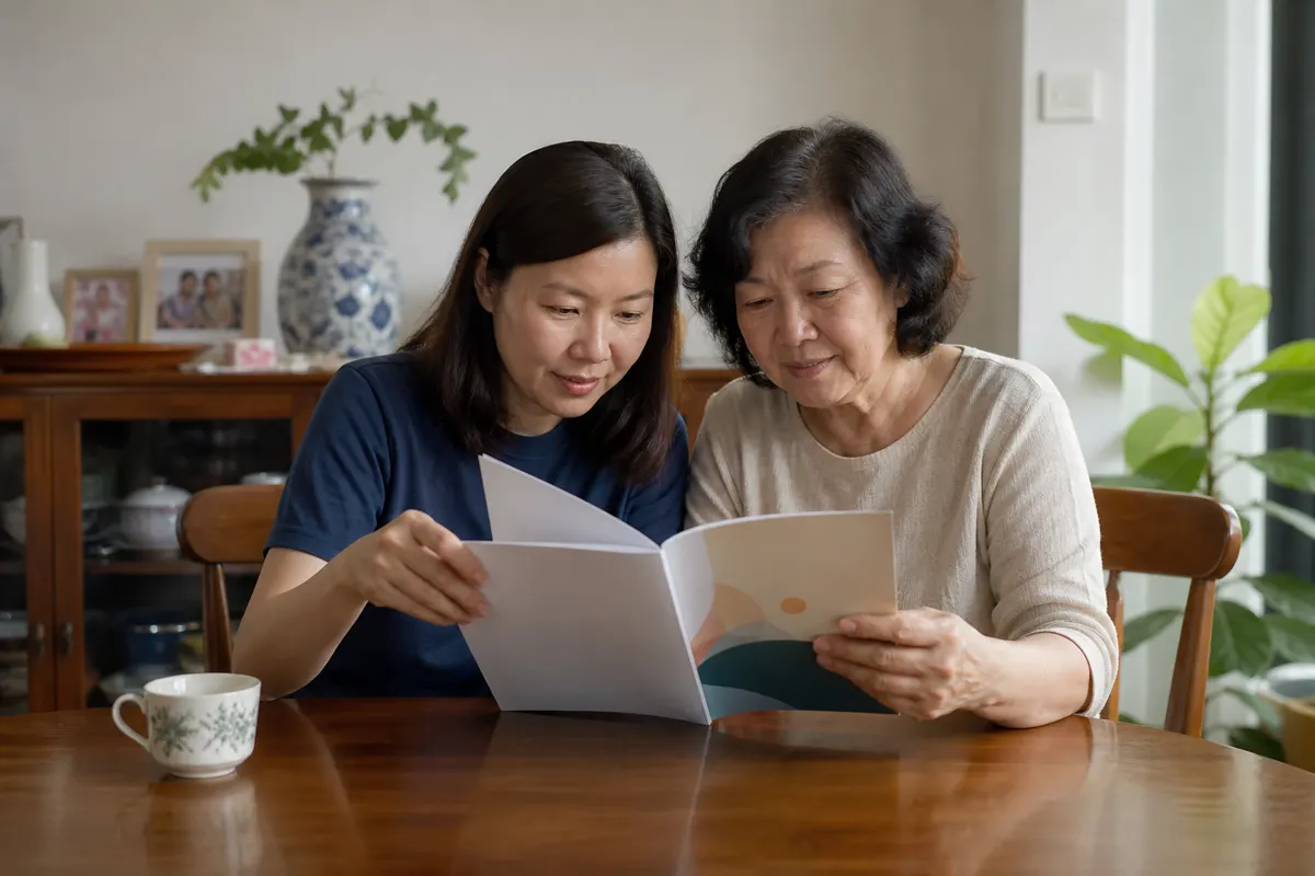 A Chinese Malaysian family reviewing practical caregiver guidance together.