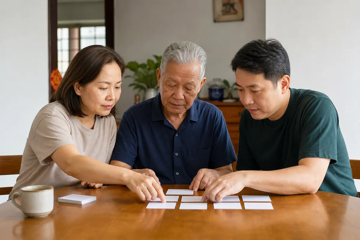 A Chinese Malaysian family planning a weekly home-care schedule together.
