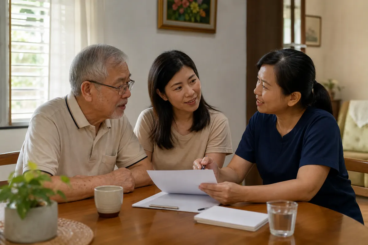 A Chinese Malaysian family discussing home support with a caregiver.