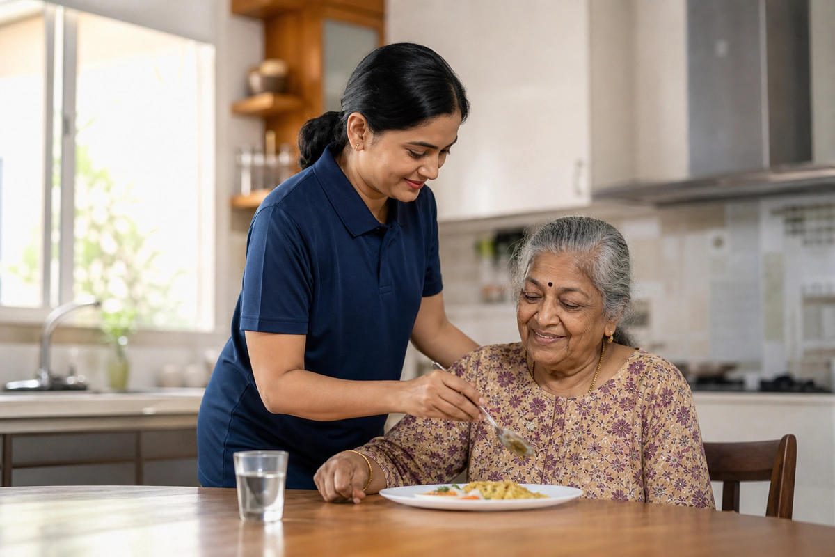 A caregiver helping an older woman with a meal at home.