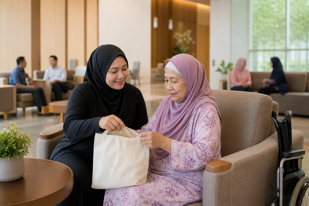 A companion sitting with an older patient preparing to go home from hospital.