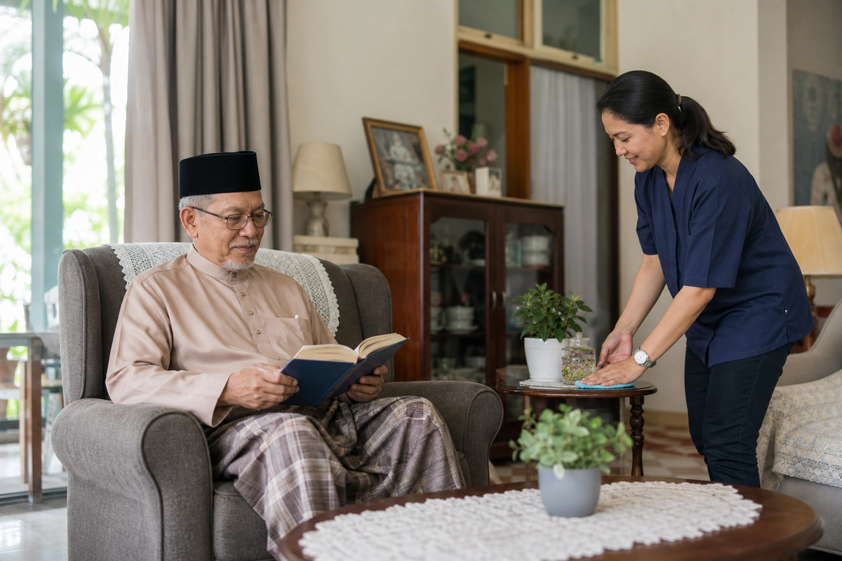 An older man relaxing at home while a live-in caregiver helps nearby.