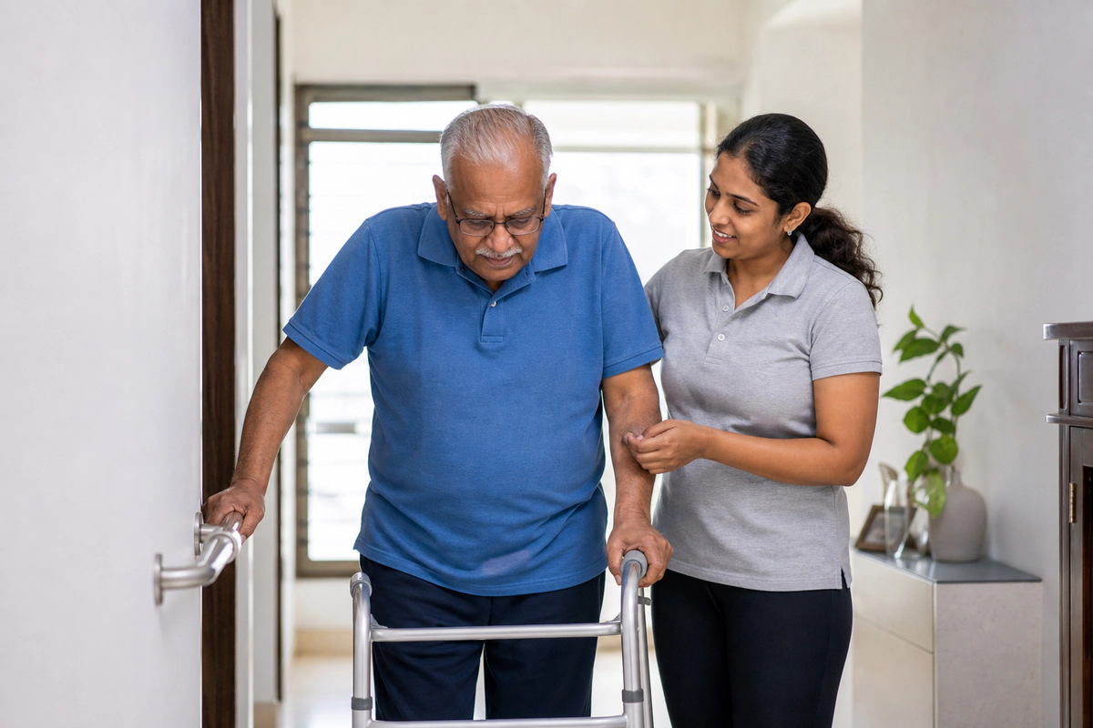 An older person practising walking safely at home with support.