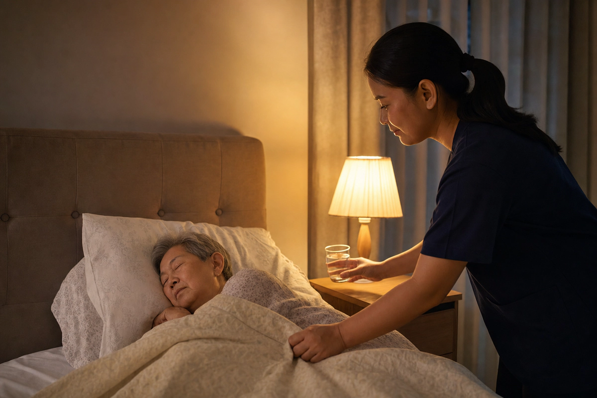 A caregiver quietly checking on an older person at night by lamplight.